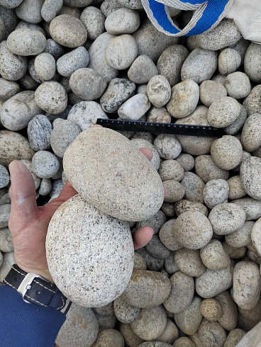 Kamenclub.ru: Галька речная окат (серо-белая) фр. 70-120 мм купить  в Костроме галька галечник бело-серая, серо-белая, серая, белая речная природная галька  8000 руб/т   фото КАМЕНЬ КЛУБ