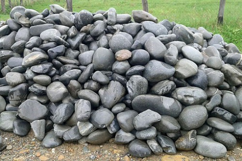 Kamenclub.ru: Темно-серый валунчик фр.100-300 мм.  купить в Костроме крупный природный камень серый, темно-серый, светло-серый речная галька большого размера окатанная 4500 руб/т   фото КАМЕНЬ КЛУБ