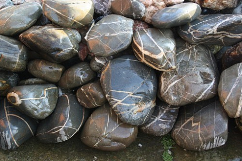 Kamenclub.ru: Валунчик Паутинник фр.100-300 мм  купить в Костроме крупный природный камень галечник темно-серый с прожилками белый черный речной валунчик 5000 руб/т   фото КАМЕНЬ КЛУБ