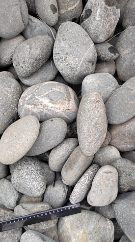 Kamenclub.ru: Галька речная окат (темно-серая) фр. 70-150 мм. купить  в Костроме галька речная темно-серая, синяя, серая речная галька округлая  8000 руб/т   фото КАМЕНЬ КЛУБ