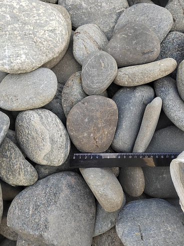 Kamenclub.ru: Галька речная плоская (ассорти) фр. 70-150 мм. купить  в Костроме галька галечник серый белый темно-серый синий светло-серый плоская природная галька  9000 руб/т   фото КАМЕНЬ КЛУБ